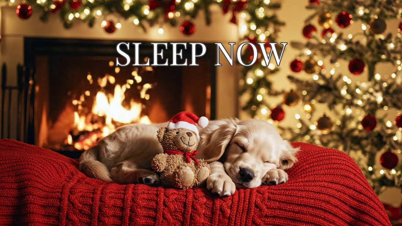 🔴 Sleep Instantly: Cozy Christmas Fireplace Ambience & Soft Puppy Music for Deep Relaxation 🐾🎄