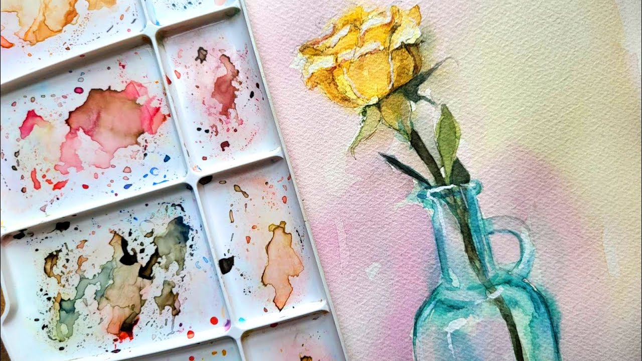 WATERCOLOR Rose FLOWER in a Vase | Mixed TECHNIQUE