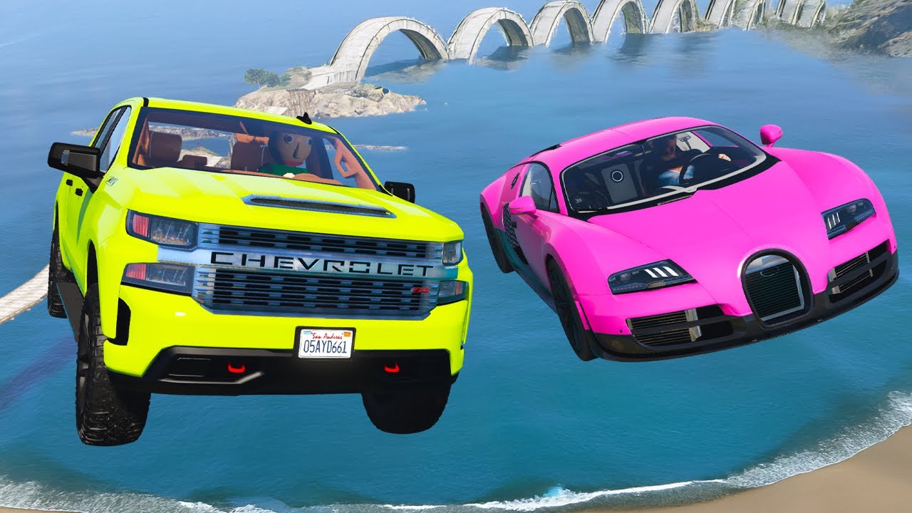 Süper Arabalar vs Pikap Arabalar Yıkık Köprü Parkurunda - GTA 5 MODS
