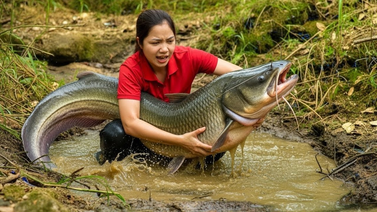 An Unexpected Fishing Challenge – Hana Faces Off Against a Powerful Fish | Hana Farm Bushcraft