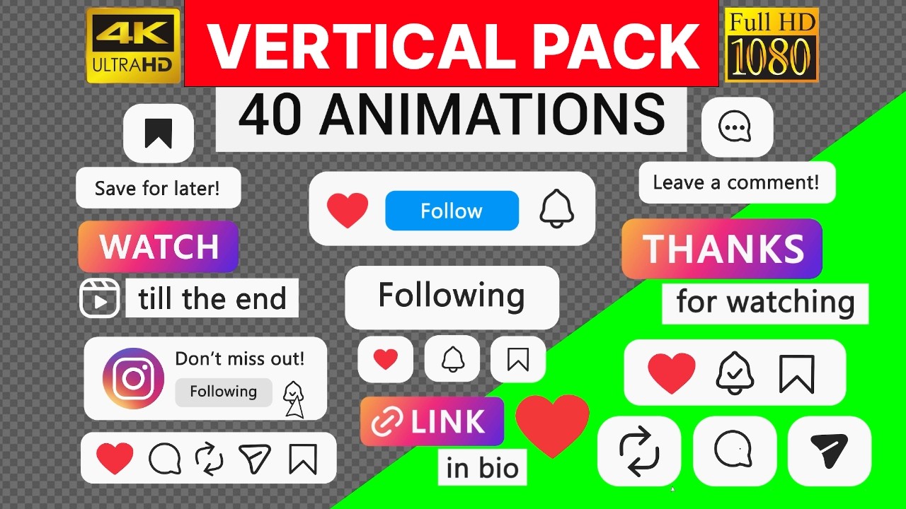 40 Vertical Social Media Button Animations | Instagram Reels | Alpha & Green Screen
