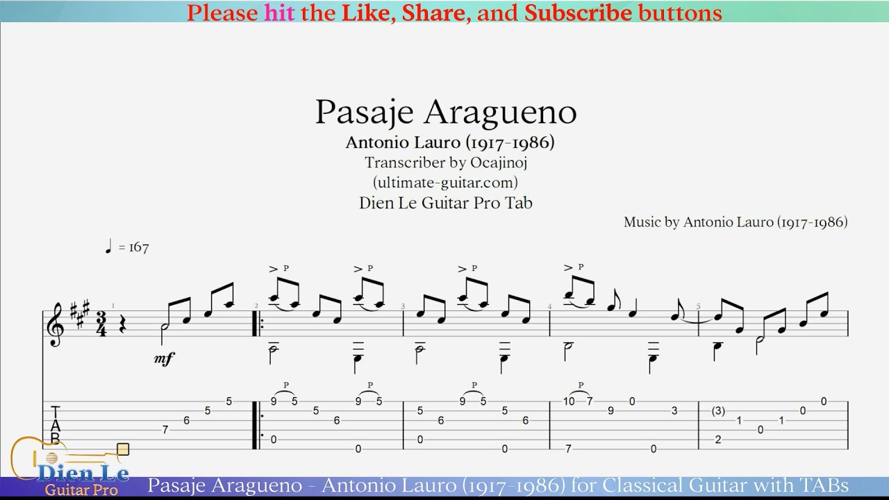 Pasaje Aragueno - Antonio Lauro (1917-1986) for Classical Guitar with TABs