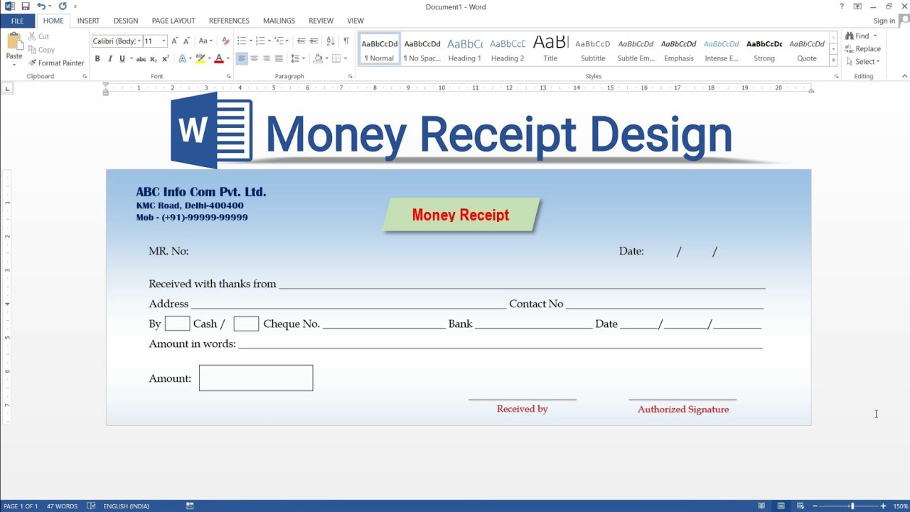 Money Receipt Bill Design in Microsoft Word | Payment Receipt Voucher Design in MS Word