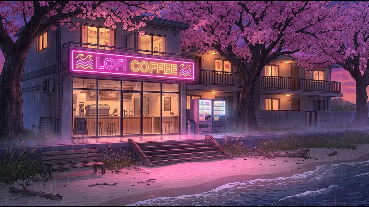 Neon Lofi Coffee ☔ Rainy Sakura Riverside Street ✨🌸 Lofi Hip Hop Beats for Study, Focus, Calm Nights