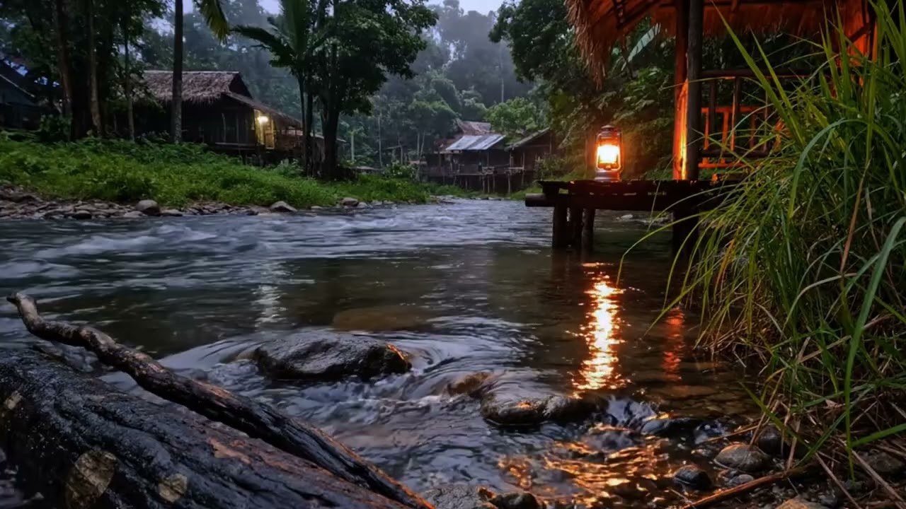 Quiet Riverside Village with a Lantern Dock, Relaxing River Water Sounds for Sleep