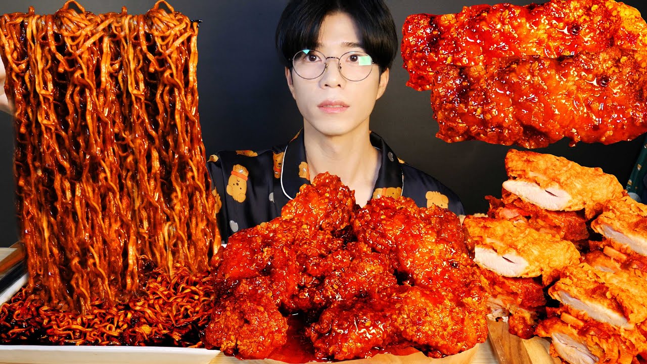 ASMR MUKBANG | KFC 고추콰사삭 치킨+짜파게티 와우, KFC CHILI CHICKEN+BLACK NOODLES WOW