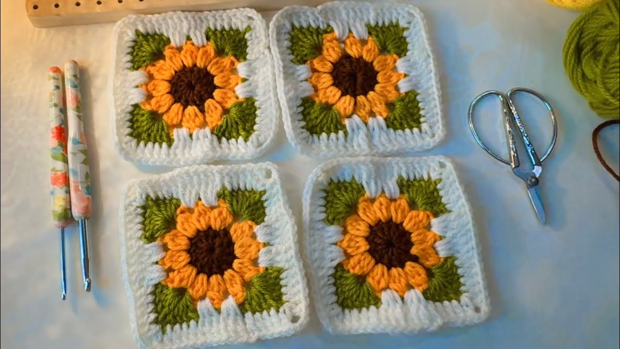 How to make BEAUTIFUL AND EASY MINI SUNFLOWER SQUARE.#crochetminisunflower