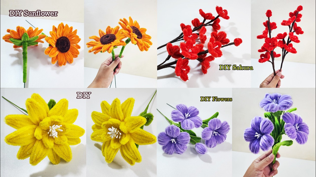 4 цветка из проволоки для чистки трубок своими руками 🌸 Подсолнух, Сакура, Лилия и Фиолетовый цве...