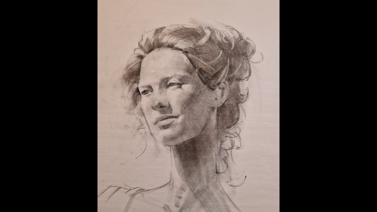 Portrait sketching demo - compressed charcoal on newspaper print