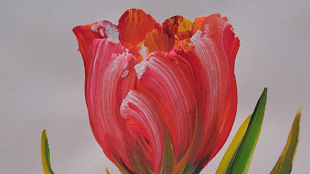 Técnica para pintar un tulipán con pintura acrílica fluida. Pincelada ideal para práctica sencilla.