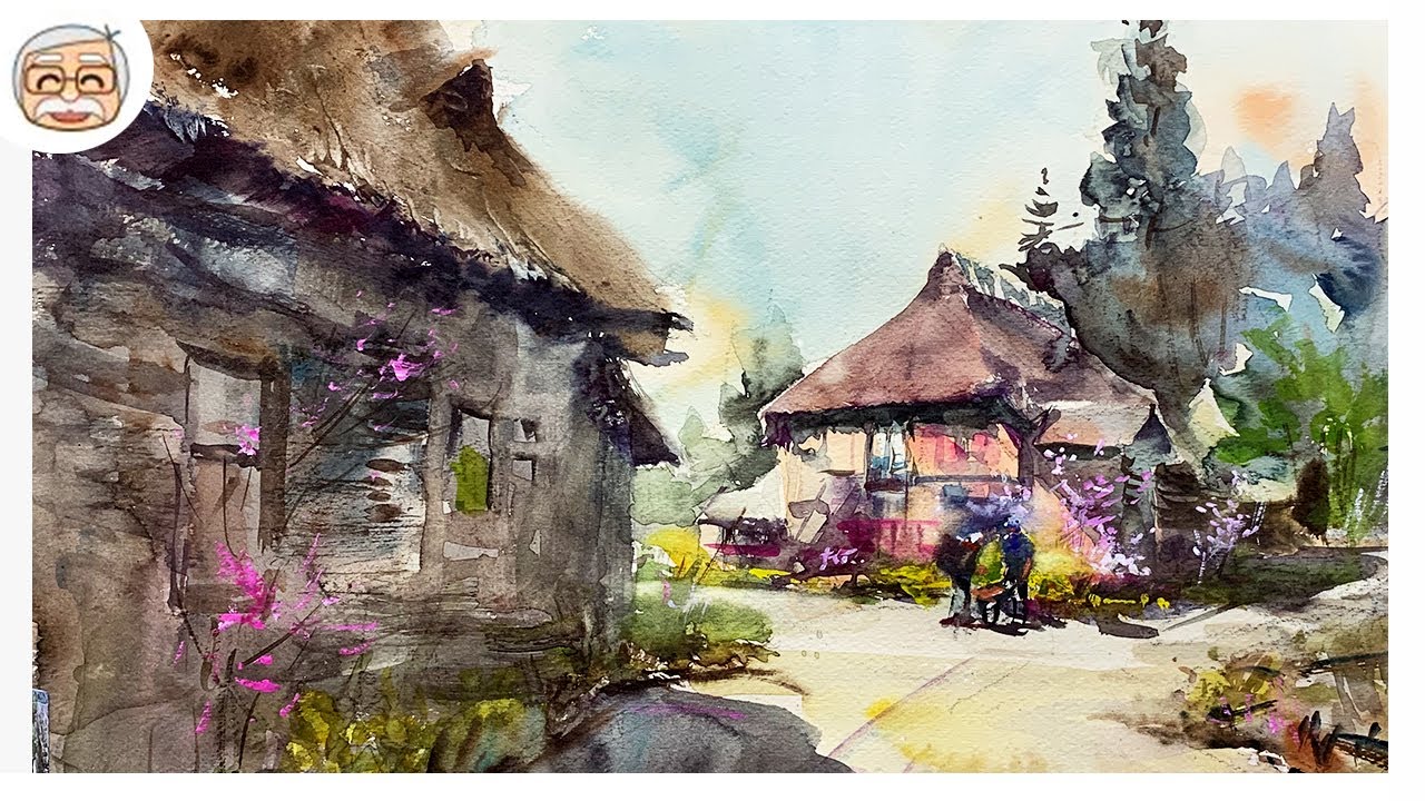 Healing Watercolor Art | Landscape of Farmer's Village  | Spring | Shibasaki