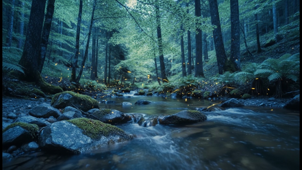 Deep Forest River Sounds with Crickets & Frogs at Night