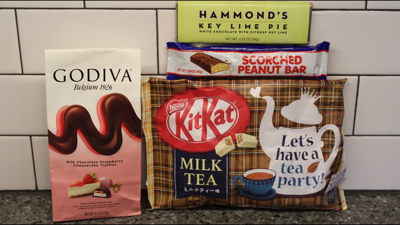Godiva Strawberry Cheesecake, Hammond’s Key Lime, Scorched Peanut Bar, Nestle Kit Kat Milk Tea