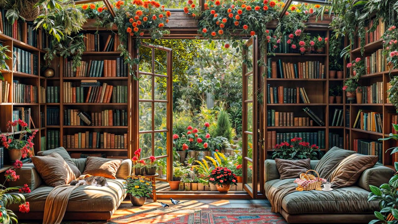 4K Spring Morning Sofa Bookshelf by the Window Full of Flowers, Birds Singing, Falling Leaves...