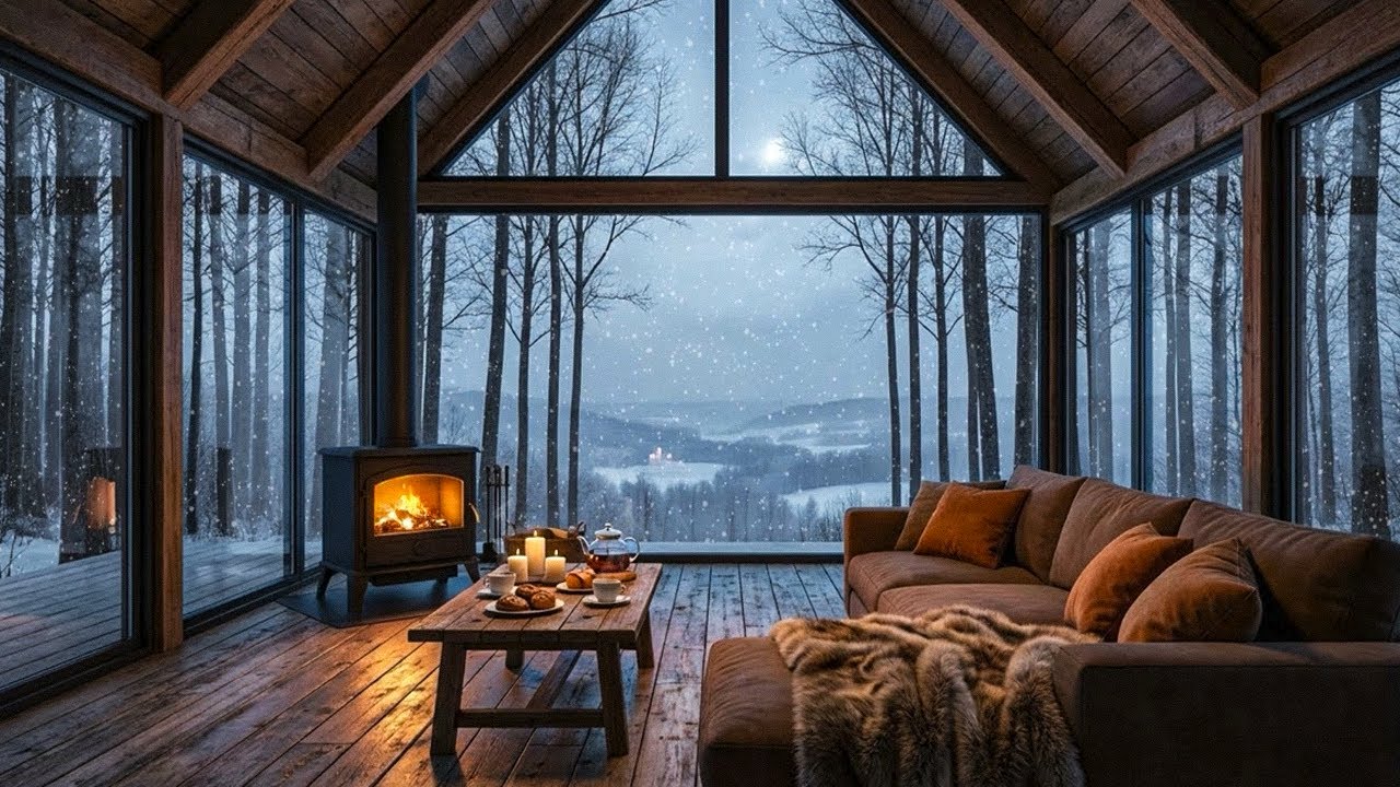 Dreamy Jazz Music ❄️ Cozy Fireplace Crackling with Snowfall Ambience & Soothing Jazz for Chilling