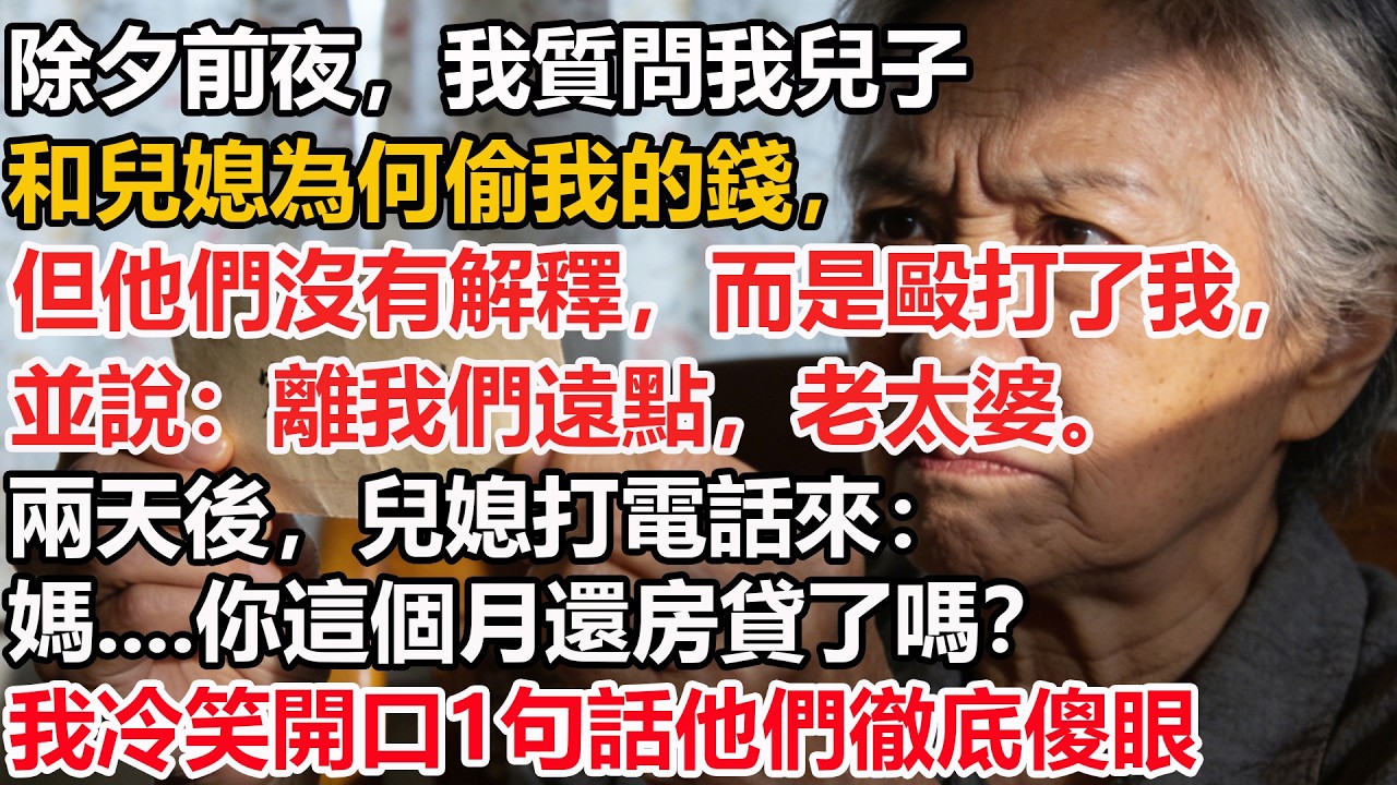 我68歲，除夕前夜，我質問我兒子和兒媳為何偷我的錢，但他們沒有解釋，而是毆打了我，並說：離我們遠點，老太婆。兩天後，兒媳打電話來：媽....你這個月還房貸了嗎？我冷笑開口1句話他們徹底傻眼！