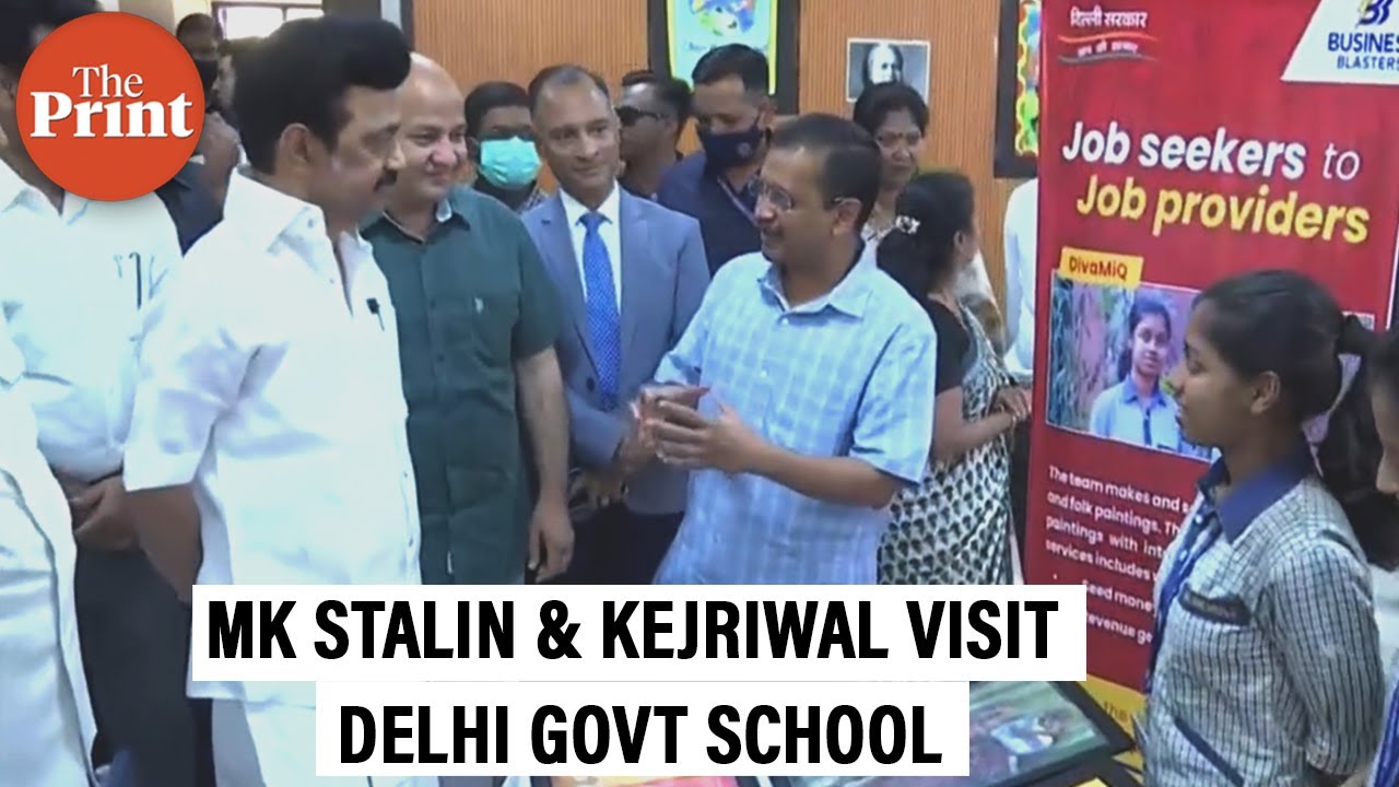 Tamil Nadu CM MK Stalin and Delhi CM Arvind Kejriwal interact with students at a Delhi govt school