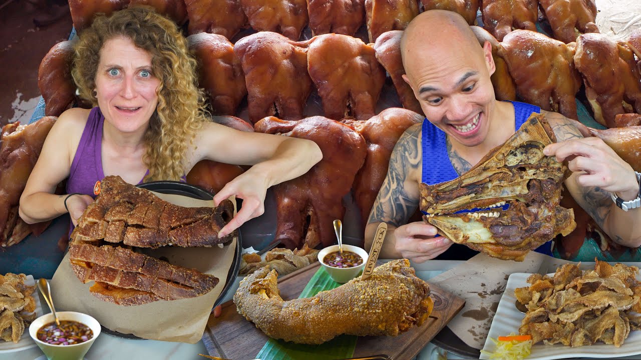 INSANE Street Food in Quezon City Philippines - CRISPY PATA & ULO PIG HEAD + FILIPINO FOOD IN MANILA
