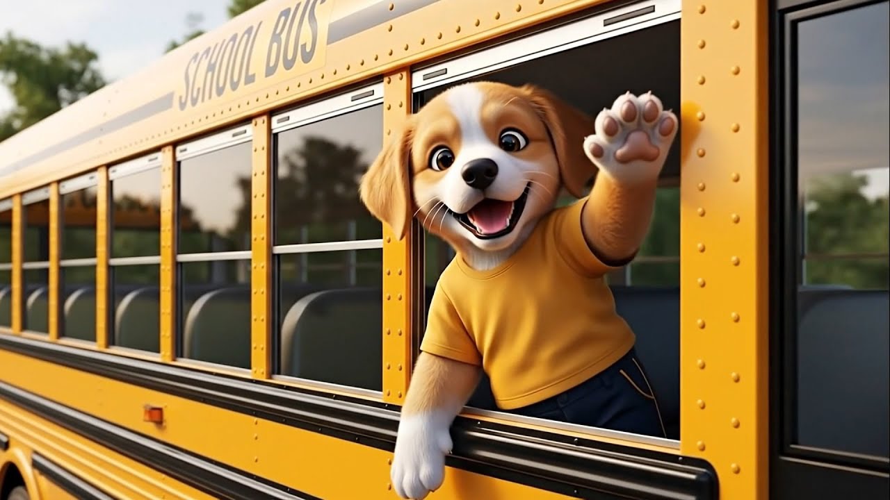 🌟 Bright moments: A cheerful puppy greeting the day with a big smile from the school bus 🐶💛