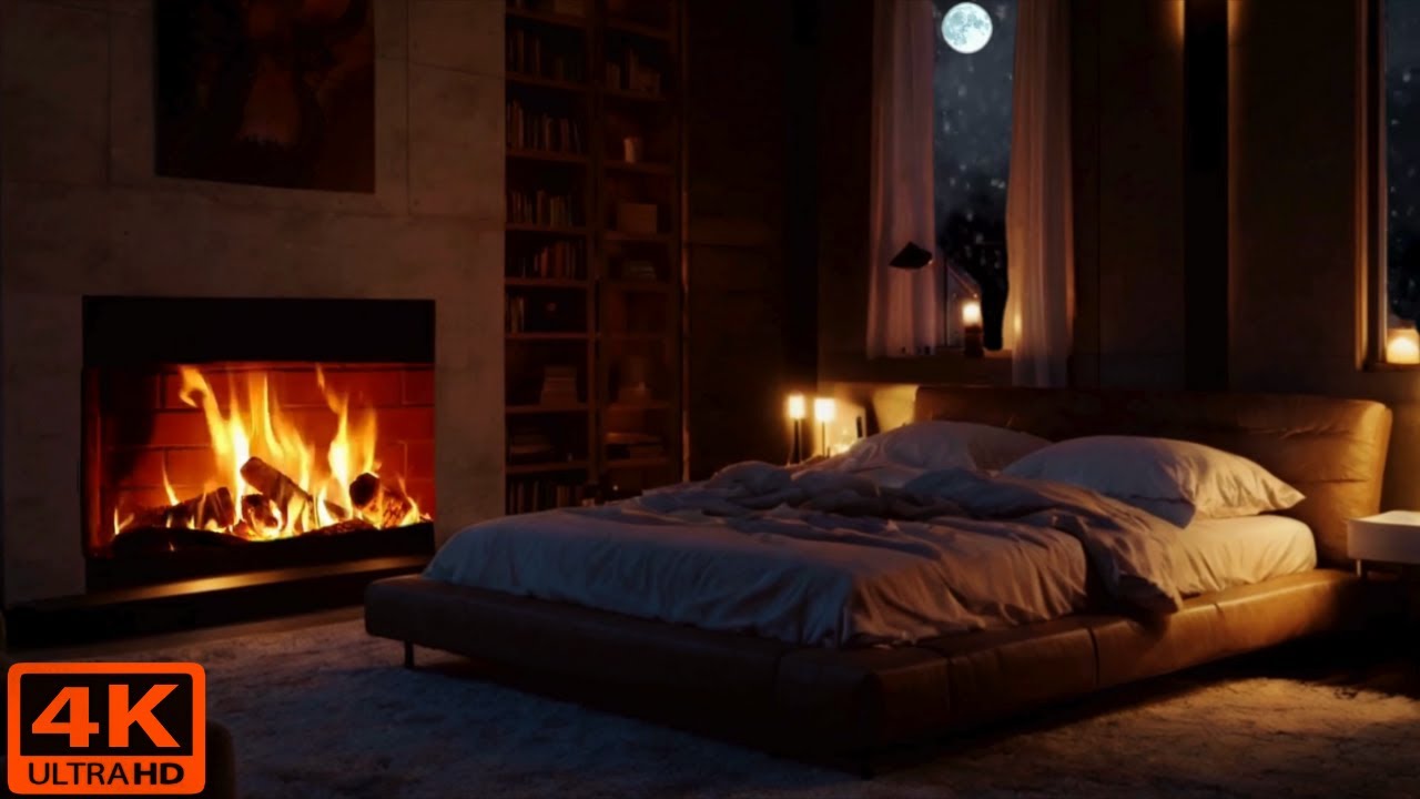 Fireplace w/ Crackling Sounds Inside Comfy & Cozy Bedroom On A Cold & Snowy Winter's Night (4K)