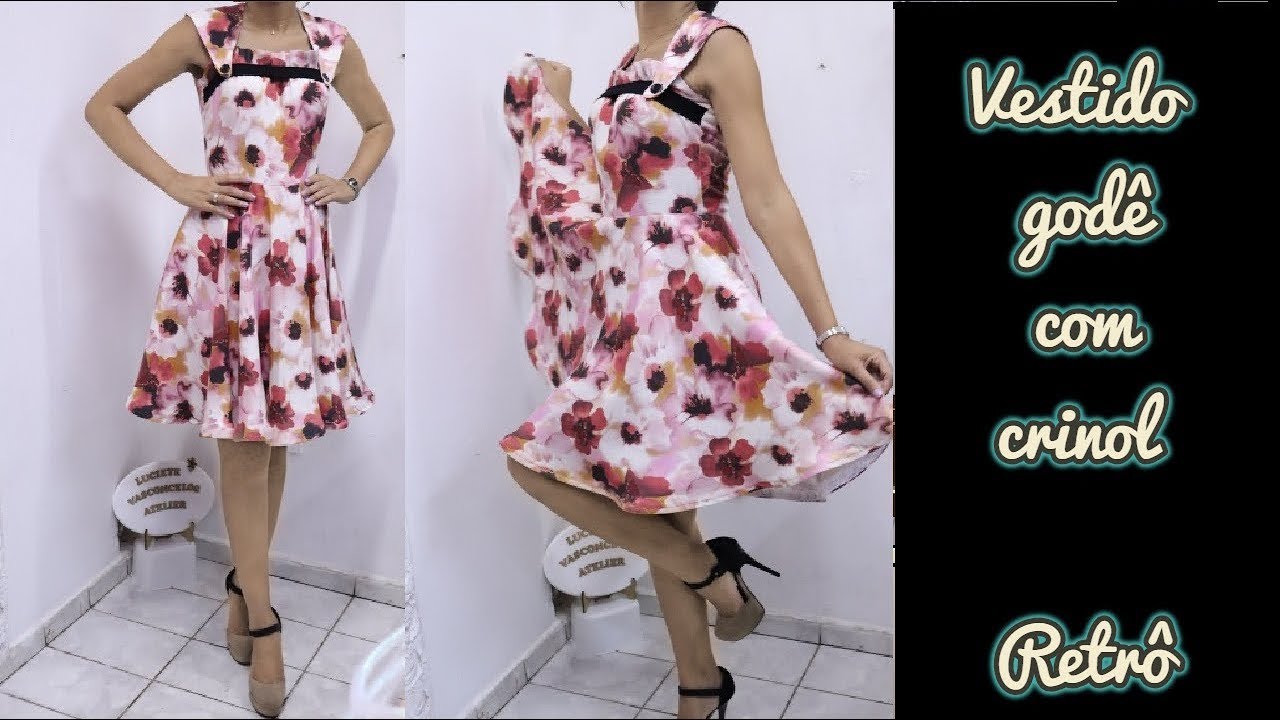 VESTIDO GODÊ RETRÔ COM CRINOL -Luciete Vasconcelos Atelier