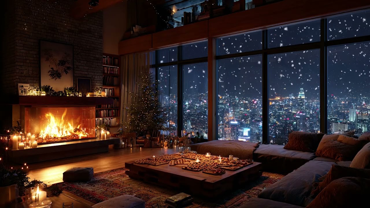 Snowstorm Cabin Night Piano Ambience | Cozy Firelight and Gentle Snow