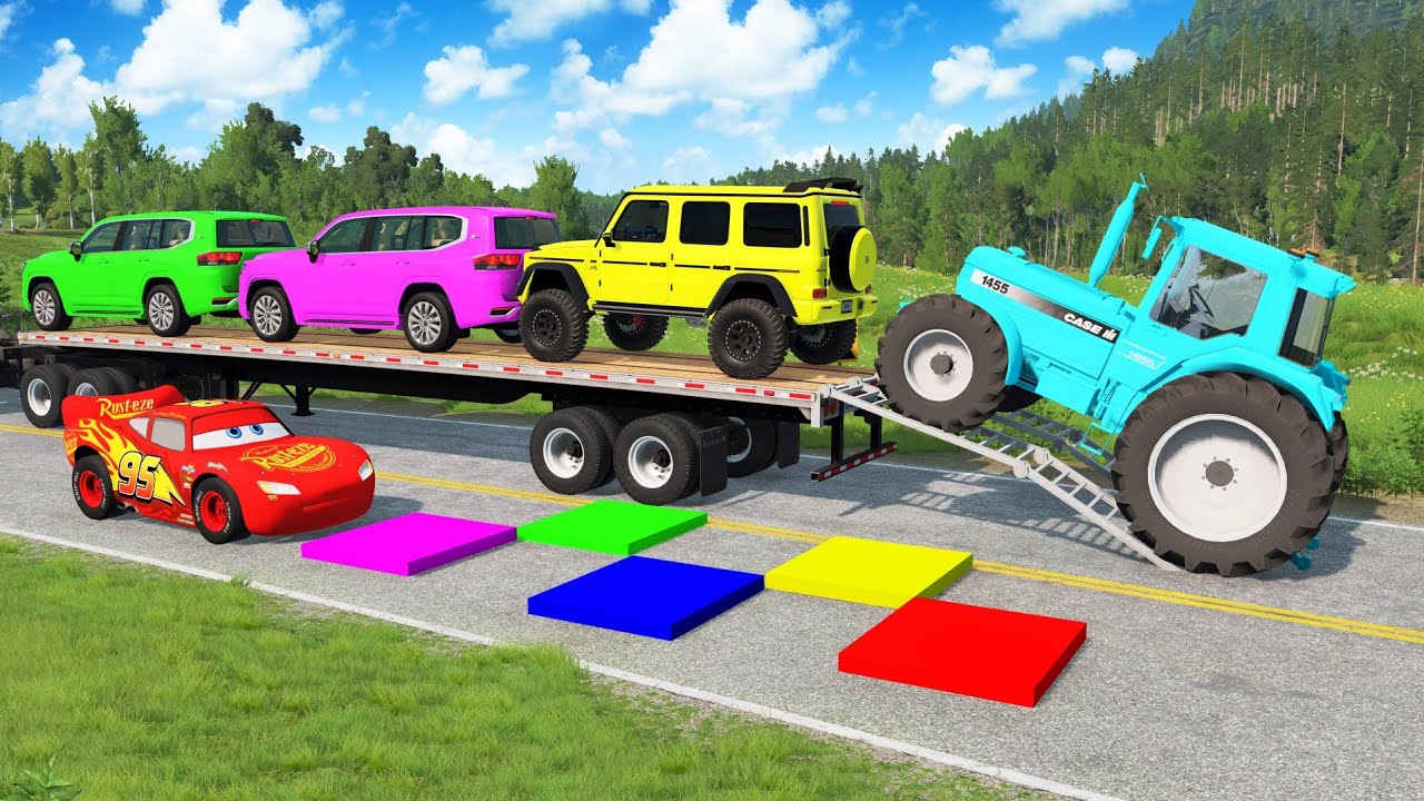 Flatbed Truck McQueen | Transportation with Truck - Pothole vs Car #60 | BeamNG.Drive Gameplay