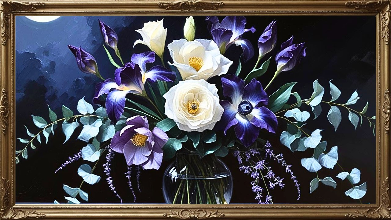 FREE FRAMED VINTAGE TV ART SUMMER MOONLIGHT DARK FLORAL SCREENSAVER PAINTING NO MUSIC WALLPAPER 4K