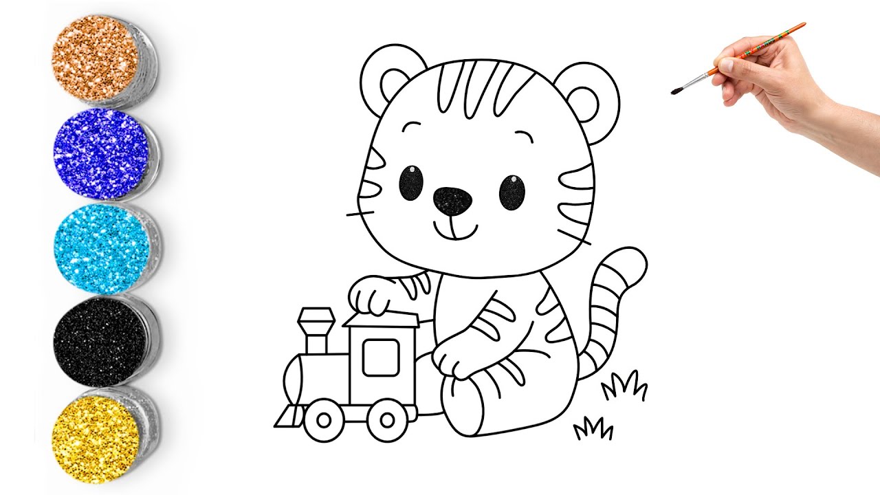 Cute Baby Tiger Drawing & Coloring | Toy Train Animation for Kids | Easy Art for Children #babytiger