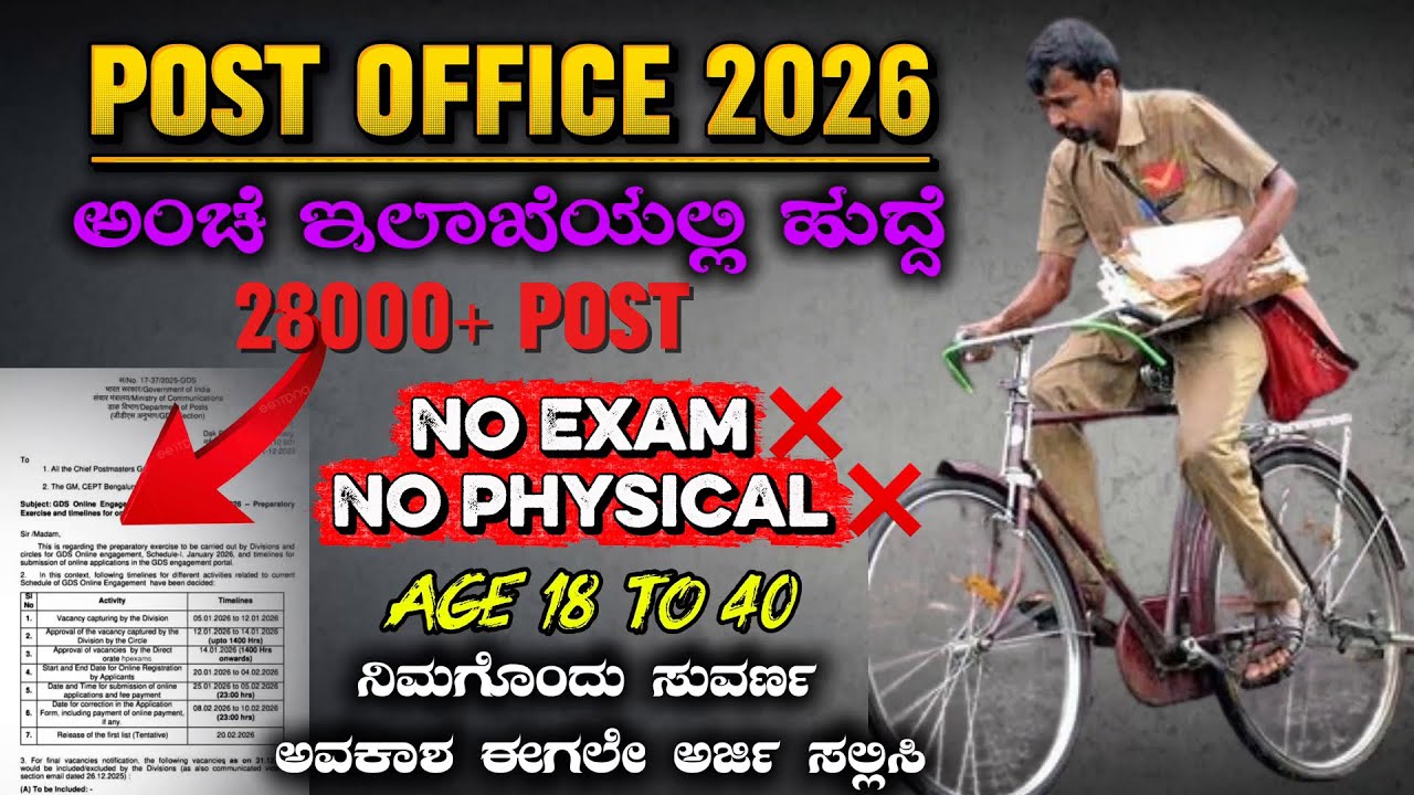 INDIAN POST OFFICE NEW VACANCY OUT 2026 |ಅಂಚೆ ಇಲಾಖೆಯಲ್ಲಿ ಹುದ್ದೆ 28000+ | GDS POST OFFICE RECRUITMENT