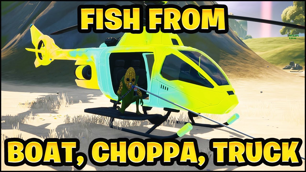 Fish for Items From a Motorboat, a Choppa, and a Pickup Truck Bed in a Single Match (Week 14)