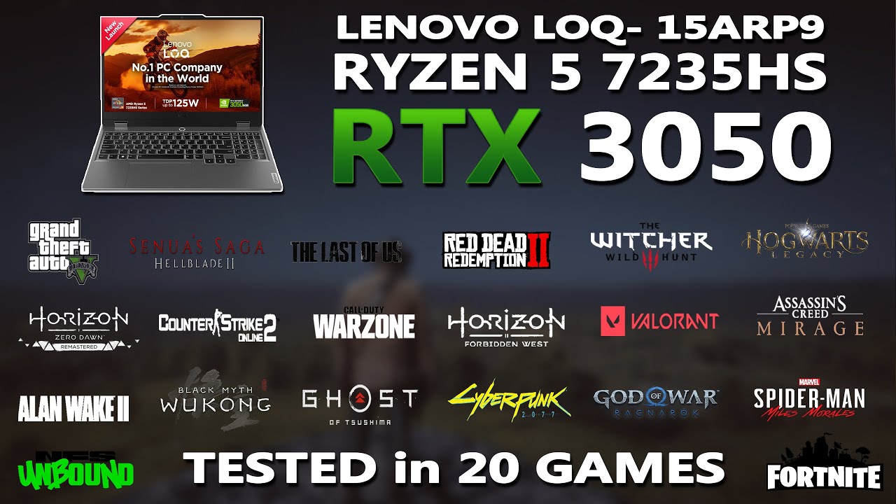 LENOVO LOQ- 15ARP9 | Ryzen 5 7235HS + RTX 3050 6 ГБ игровой бенчмарк-тест | Протестировано в 20 и...
