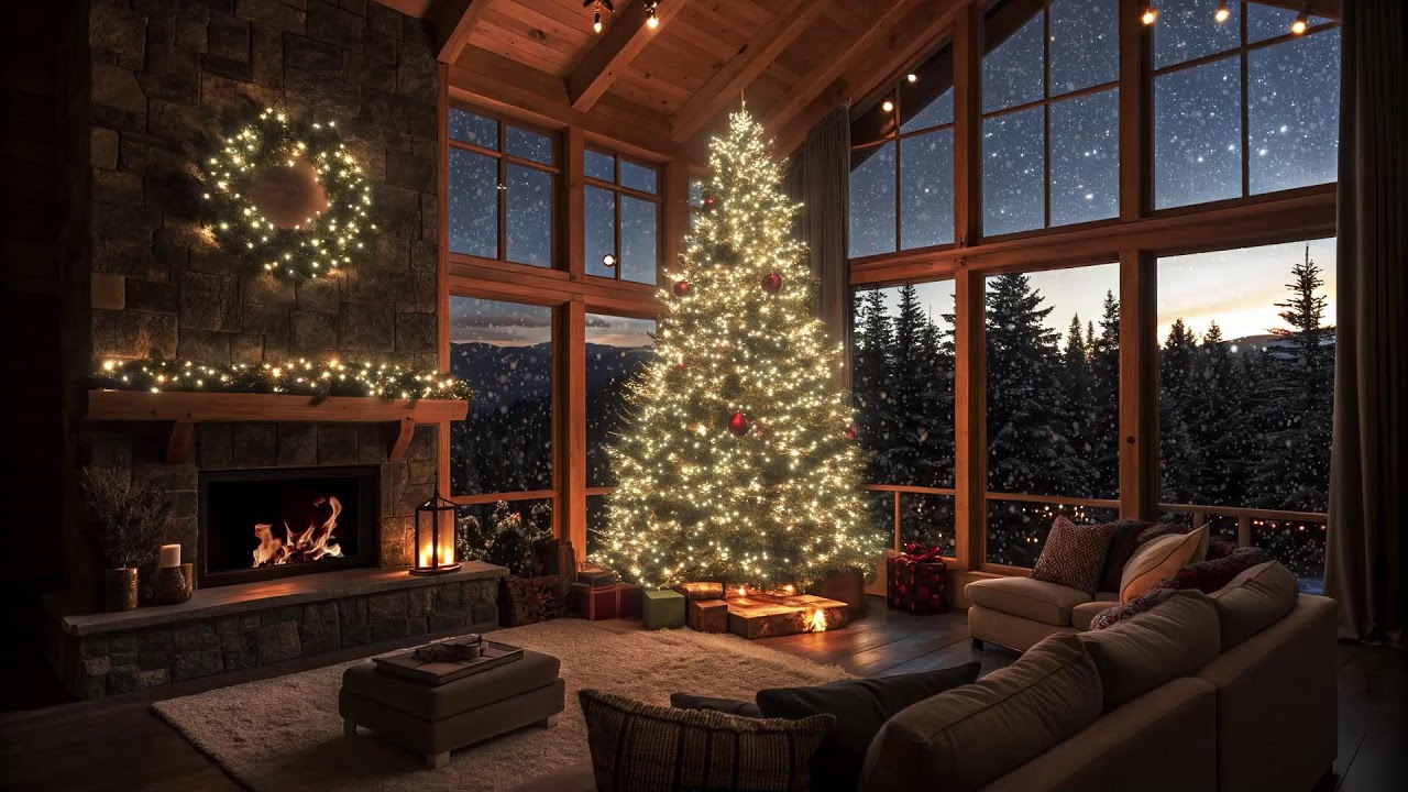 Calm Winter Jazz Night ❄️ Cozy Christmas Cabin Winter Ambience & Fireplace Sounds