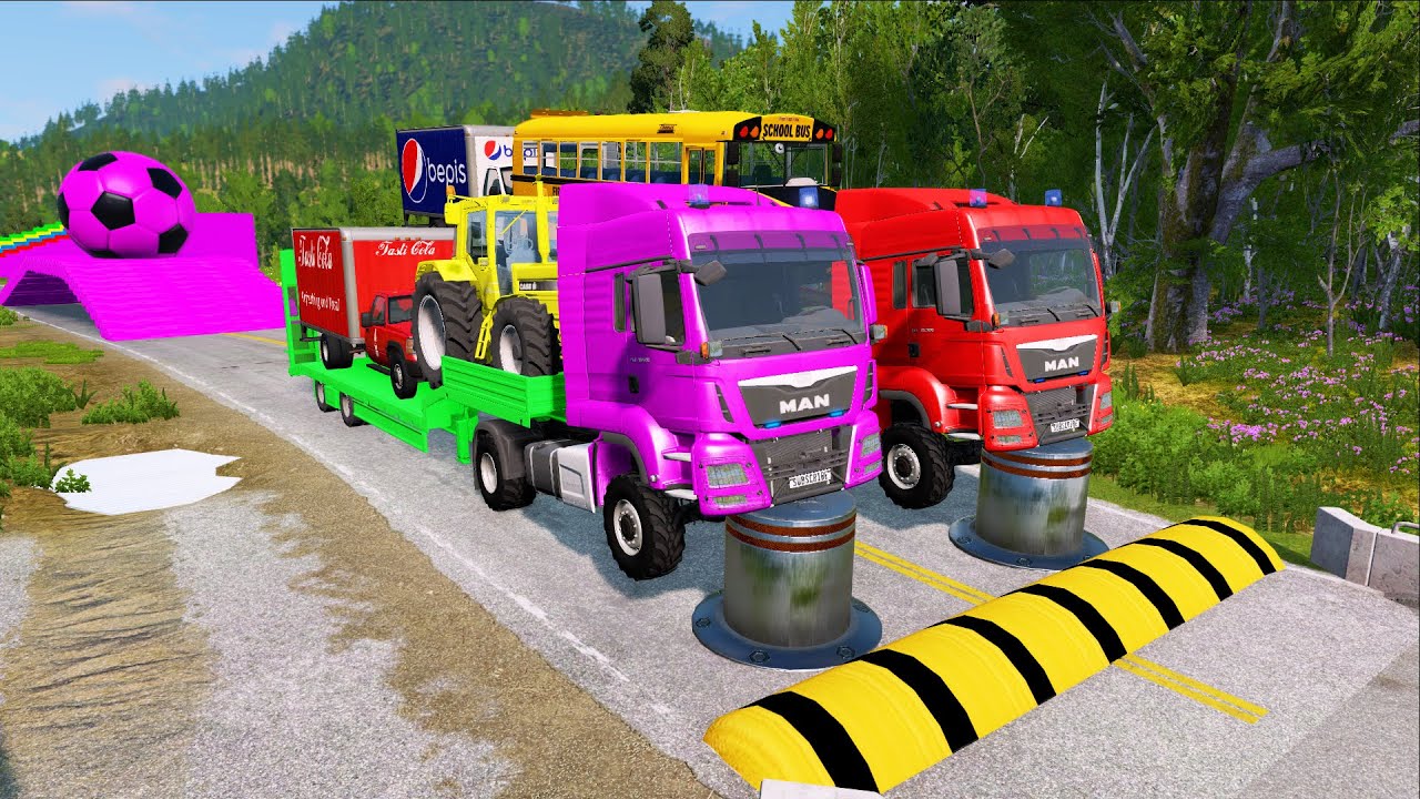 Double Flatbed Trailer Truck vs Speedbumps Train vs Cars Beamng.Drive #88