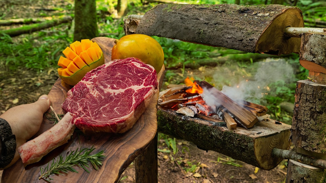 Caveman Style Tomahawk Steak With Mango Glaze and Cheese in the Forest