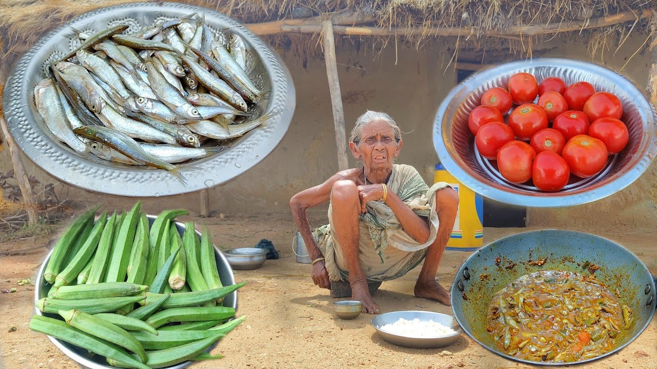 100 year old poor Grandma cooking SMALL FISH with ladyfinger recipe & eating with rice|village life