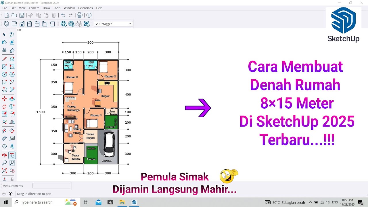 Cara Membuat Denah Rumah 8×15 Meter di SketchUp 2025 Terbaru