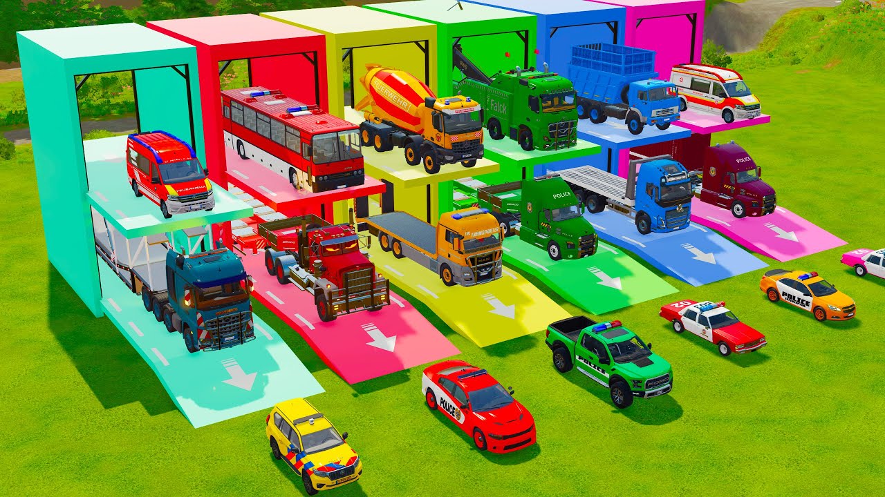 TRANSPORTING FIRE ENGINE, POLICE CARS, RESCUE TRUCK, AMBULANCE TO GARAGE - FS22