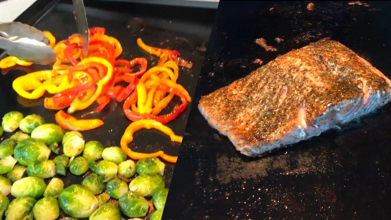 Dinner on the Blackstone Griddle | Fresh Wild Salmon, Peppers, Jalapenos, & Roasted Brussel Sprouts