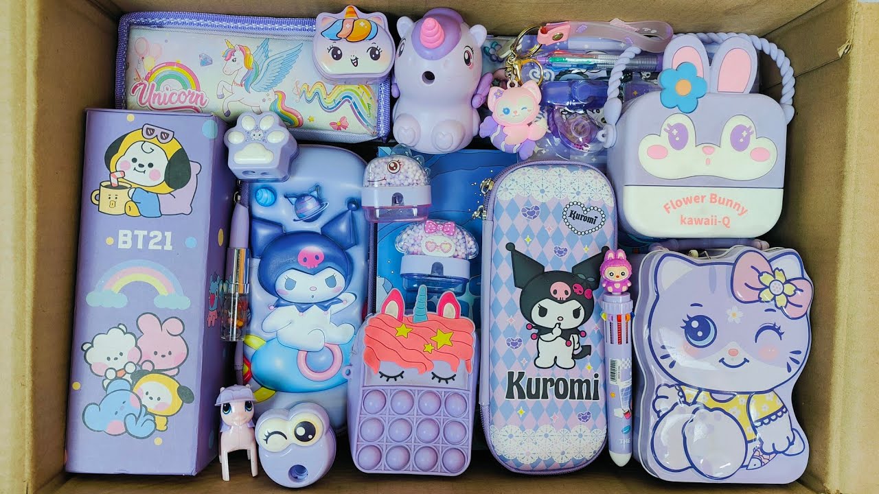 Unboxing New Purple Stationery📚 Colouring kit, Geometry Box, Sharpener, Pen, Sling Bag, Keychain
