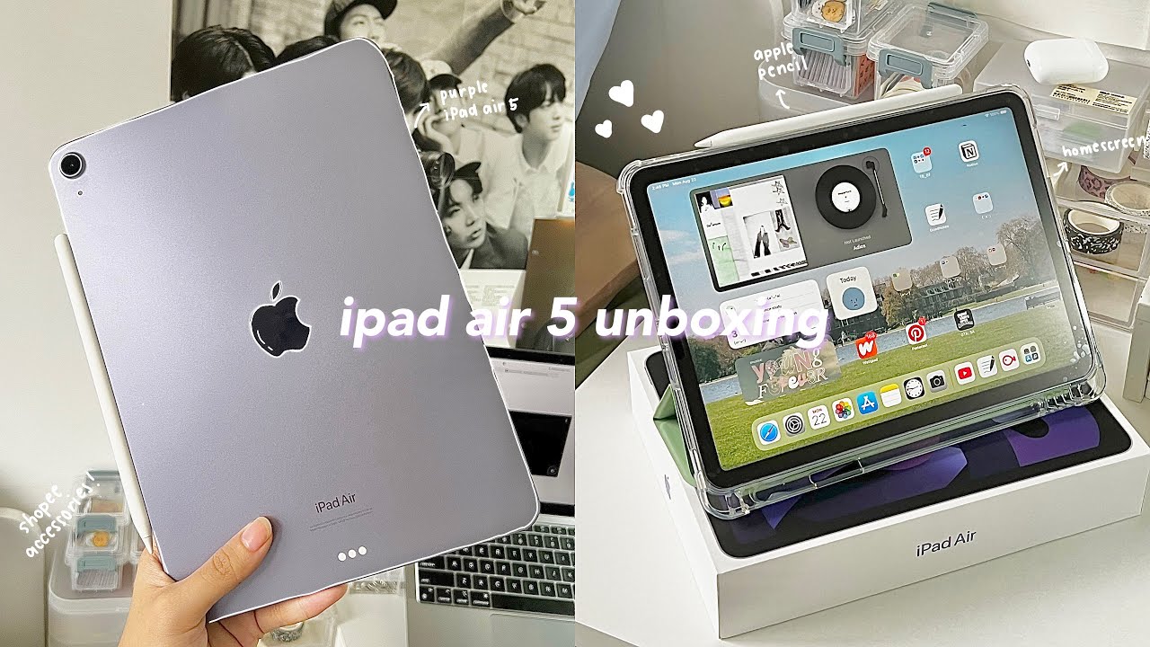 ipad air 5 (purple) unboxing ft. apple pencil, and accessories