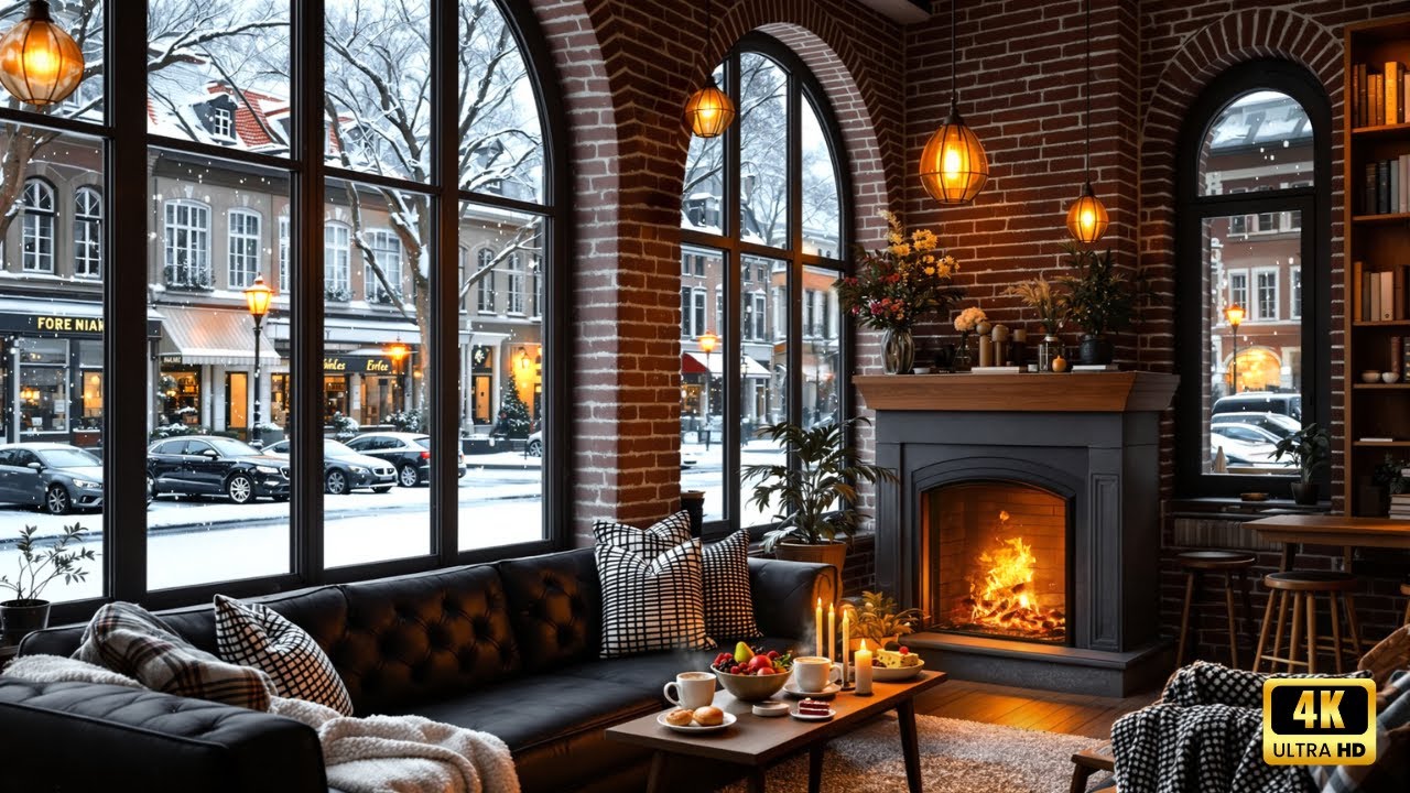 Morning Cafe Music ☕ Cozy Winter Coffee Shop Ambience with Relaxing Jazz & Fireplace Crackles