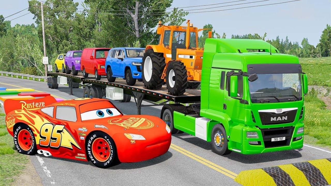 Flatbed Truck McQueen | Transportation with Truck - Pothole vs Car #0134