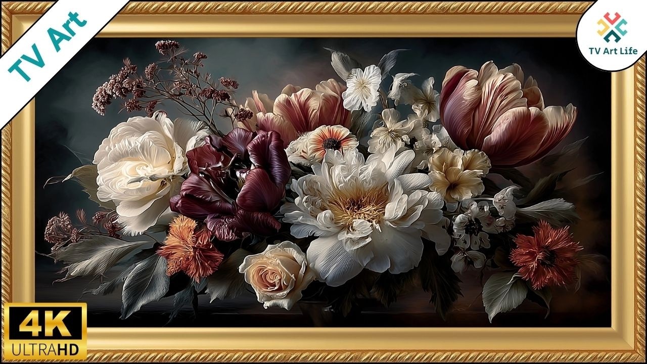 Vintage Flower Paintings TV Art Gold Frame 4K 4 Hour Loop