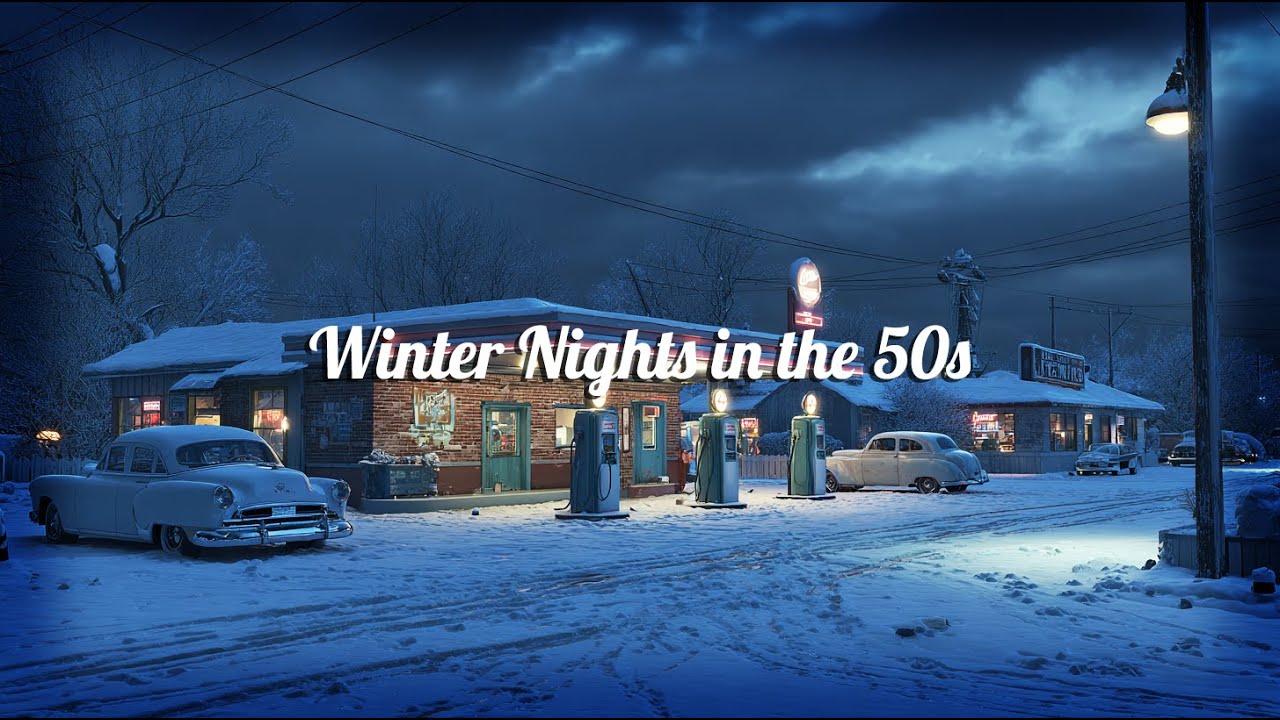Quiet Winter Night at a 1950s Gas Station ❄️ Soft Jazz & Snowfall