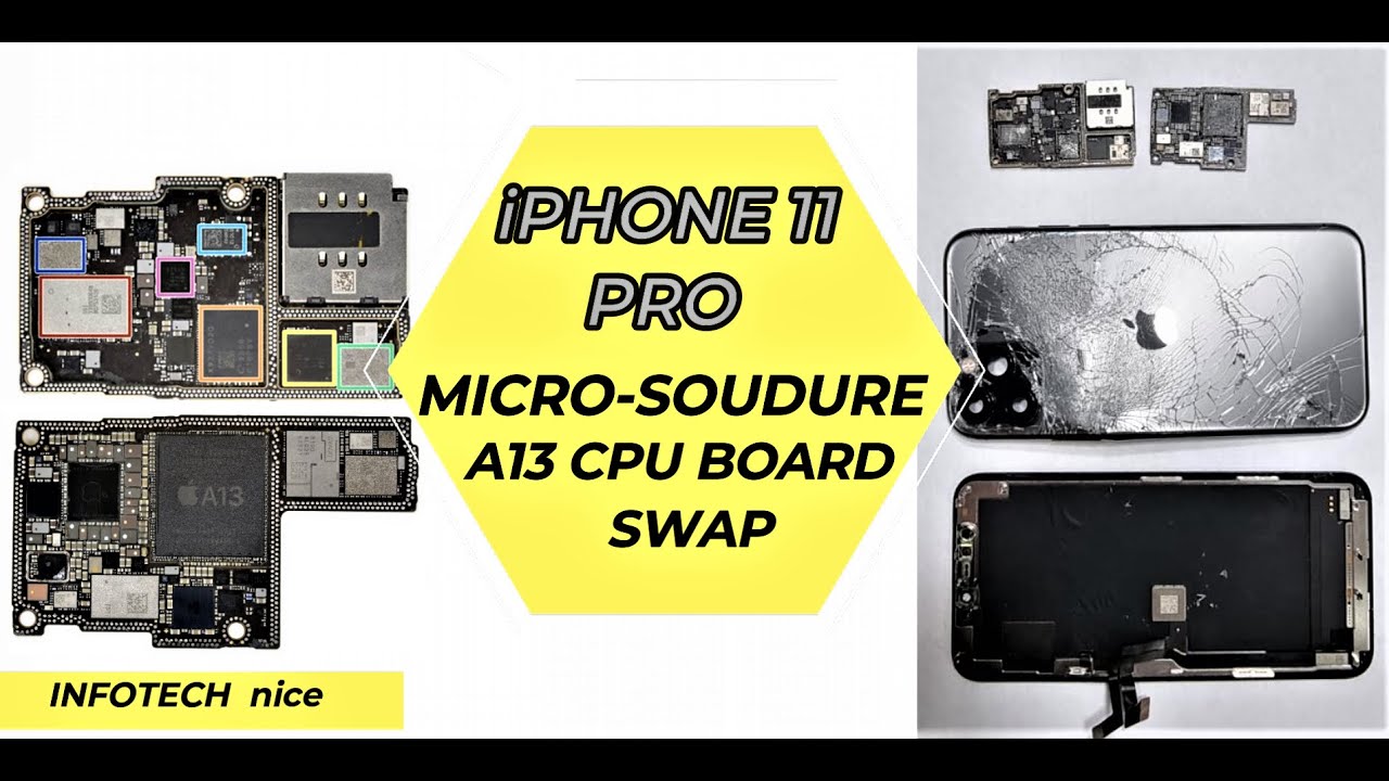 iPhone 11 PRO  tordu - No Power - Board Swap - Totally damaged - CPU A13 - Cracked NAND