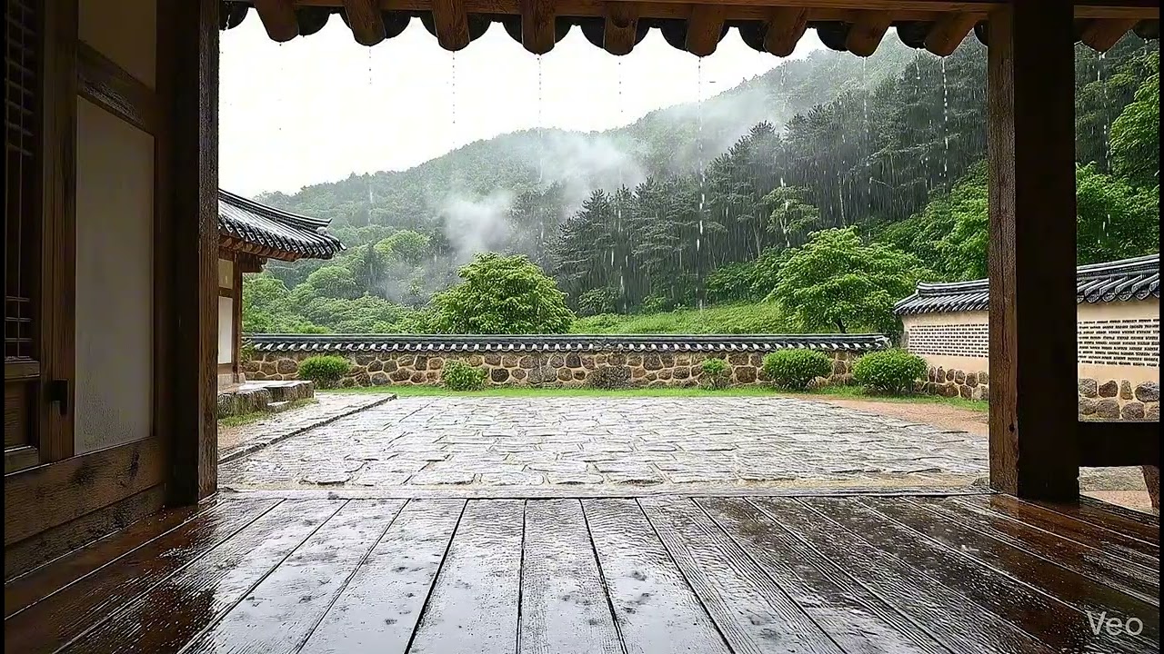 4K Rain on a hanok’s maru. 한옥 마루에서 빗소리 ASMR 🌧️
