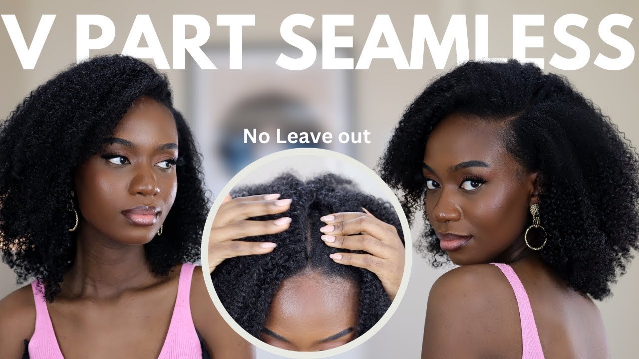 MOST NATURAL WIG: SEAMLESS NO LEAVE TO LITTLE LEAVE OUT V PART KINKY CURLY 3C / 4A WIG ON 4C HAIR