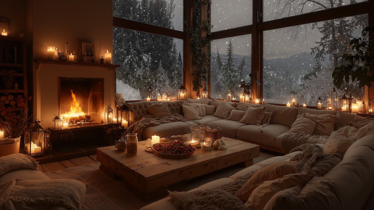 Quiet Winter Cabin by the Forset❄️ | Soft Piano, Falling Snow & Fireplace Sounds for Sleep