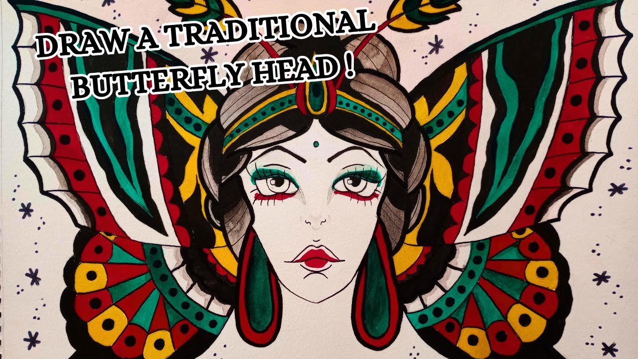 Let's Draw A Traditional Butterfly Head Tattoo! Timelapse Drawing